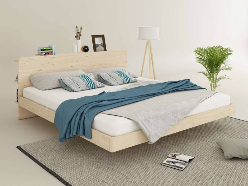 OTTO home Massivholzbett Amaliah Schwebebett, versteckte Regale hinter dem Kopfteil, schwebender Effekt, mit Lattenrost, modernes Design, stabile Qualität von OTTO home