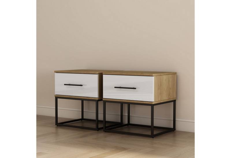 OTTO home Nachtkommode Lucca Nachttisch Set mit Metallkufen und schwarzen Griffen (Set, 2 Schränke im Set, Hochglanz Fronten in weiß), Nchttisch Set mit je einer Schublade in Loft Design von OTTO home