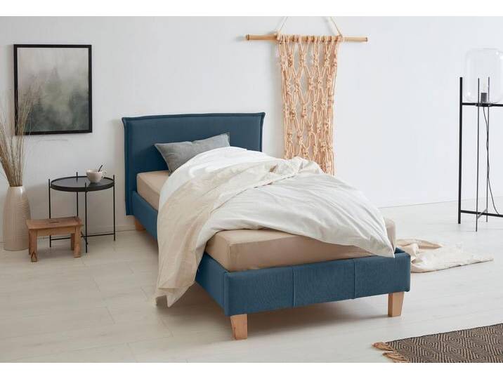 Polsterbett OTTO PRODUCTS Heddi , blau, B:95cm H:82cm L:212cm, Bezug Struktur fein (100% recyceltes Polyester), Betten, Polsterbett ohne Bettkasten Polsterbett, in 5 Breiten: von 90cm-200cm, Biese am Kopfteil, Strukturstoff von OTTO-products