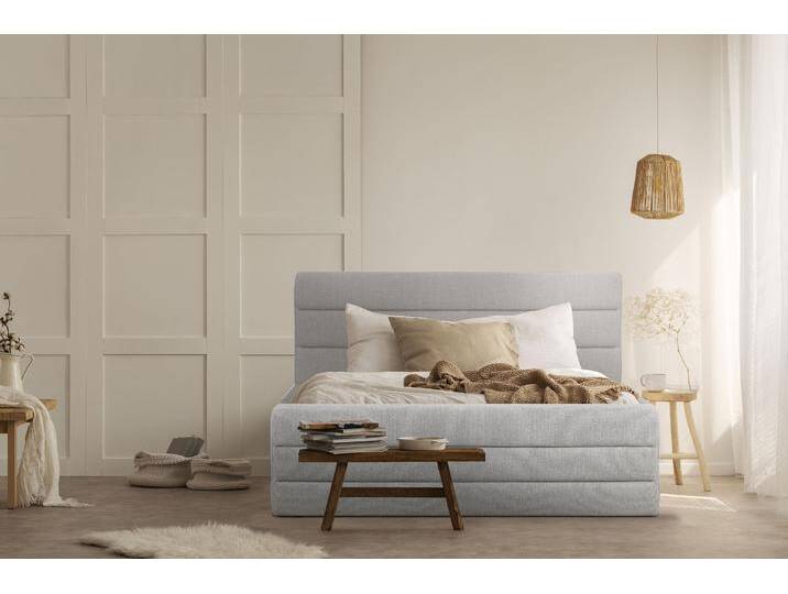Polsterbett OTTO PRODUCTS Merrit , beige, B:153cm H:124cm L:214cm, Struktur (70% recyceltes Polyester, 30% Polyester), Betten, Polsterbett Polsterbett ohne Bettkasten, Quernaht im Kopf- und Fußteil, in 5 Breiten, auch in 220 cm Länge von OTTO-products