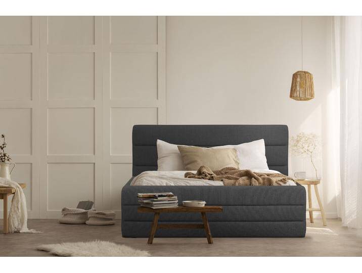 Polsterbett OTTO PRODUCTS Merrit , grau (anthrazit), B:173cm H:124cm L:214cm, Struktur (70% recyceltes Polyester, 30% Polyester), Betten, Polsterbett ohne Bettkasten Polsterbett, Quernaht im Kopf- und Fußteil, in 5 Breiten, auch in 220 cm Länge von OTTO-products