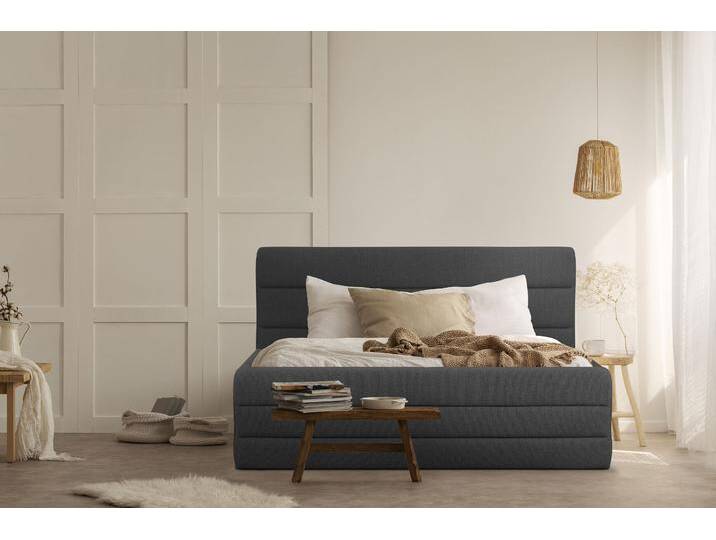 Polsterbett OTTO PRODUCTS Merrit , grau (anthrazit), B:193cm H:124cm L:214cm, Struktur (70% recyceltes Polyester, 30% Polyester), Betten, Polsterbett ohne Bettkasten Polsterbett, Quernaht im Kopf- und Fußteil, in 5 Breiten, auch in 220 cm Länge von OTTO-products