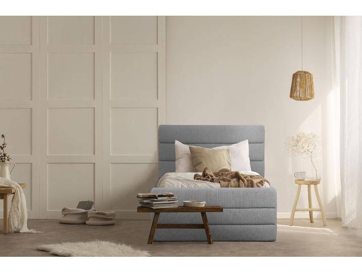 Polsterbett OTTO PRODUCTS Merrit , grau (hellgrau), B:103cm H:124cm L:214cm, Struktur (70% recyceltes Polyester, 30% Polyester), Betten, Polsterbett ohne Bettkasten Polsterbett, Quernaht im Kopf- und Fußteil, in 5 Breiten, auch in 220 cm Länge von OTTO-products