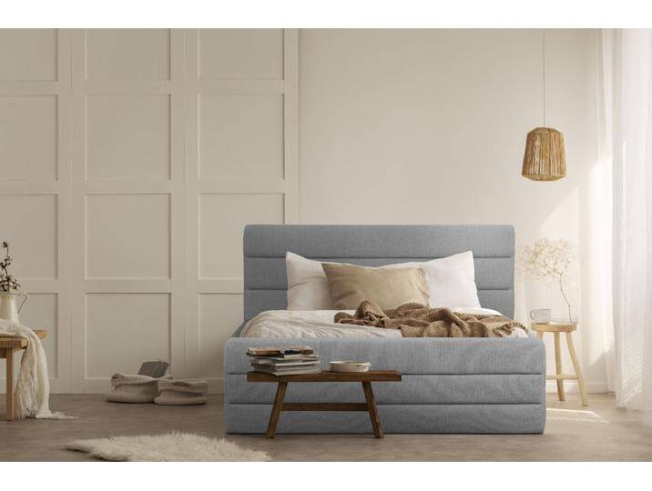 Polsterbett OTTO PRODUCTS Merrit , grau (hellgrau), B:153cm H:124cm L:234cm, Struktur (70% recyceltes Polyester, 30% Polyester), Betten, Polsterbett ohne Bettkasten Polsterbett, Quernaht im Kopf- und Fußteil, in 5 Breiten, auch in 220 cm Länge von OTTO-products