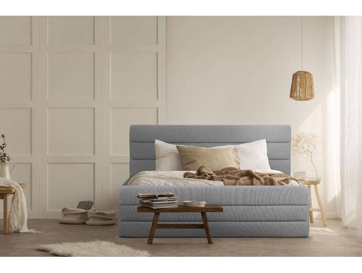 Polsterbett OTTO PRODUCTS Merrit , grau (hellgrau), B:193cm H:124cm L:214cm, Struktur (70% recyceltes Polyester, 30% Polyester), Betten, Polsterbett ohne Bettkasten Polsterbett, Quernaht im Kopf- und Fußteil, in 5 Breiten, auch in 220 cm Länge von OTTO-products