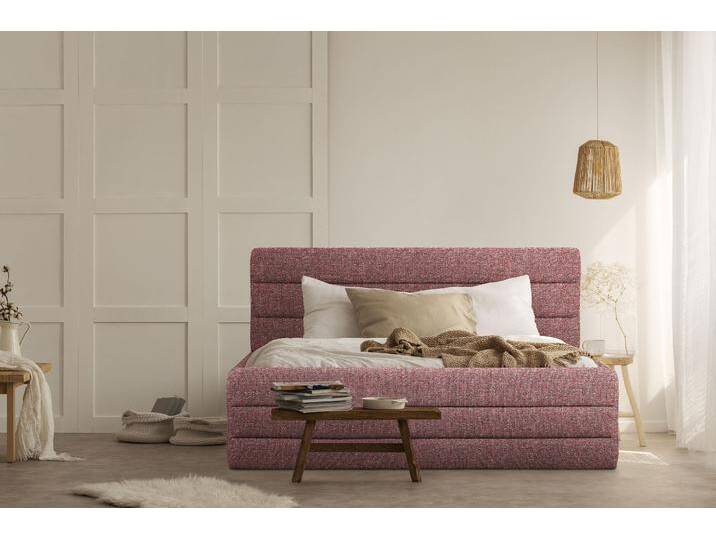 Polsterbett OTTO PRODUCTS Merrit , rot (rot, grau), B:213cm H:124cm L:214cm, Struktur (70% recyceltes Polyester, 30% Polyester), Betten, Polsterbett ohne Bettkasten Polsterbett, Quernaht im Kopf- und Fußteil, in 5 Breiten, auch in 220 cm Länge von OTTO-products