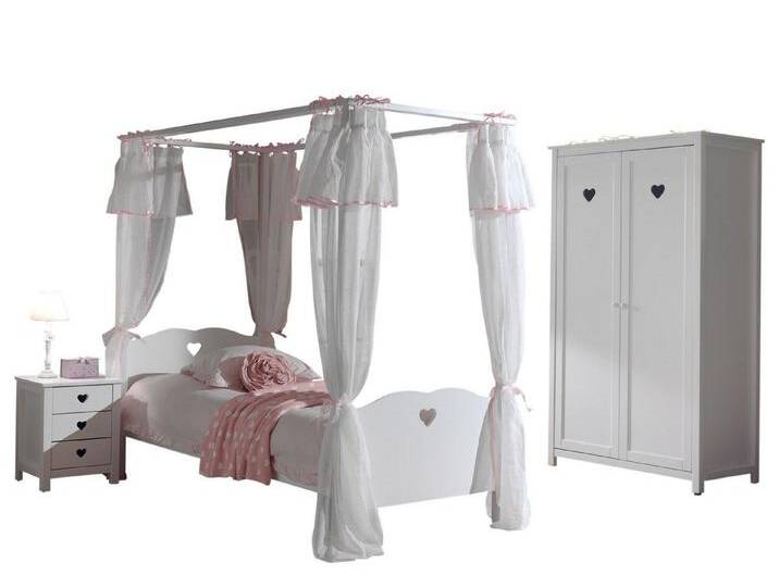 58 aufm Kessel Jugendzimmer-Set Kinderzimmer Kamila 4 Kinderzimmer Möbel Set Mädchen MDF Weiß, (inkl. Versand, Lieferung bis Verwendungsstelle), Himmelbett mit Vorhanggestänge, herzförmige Details von OTTO
