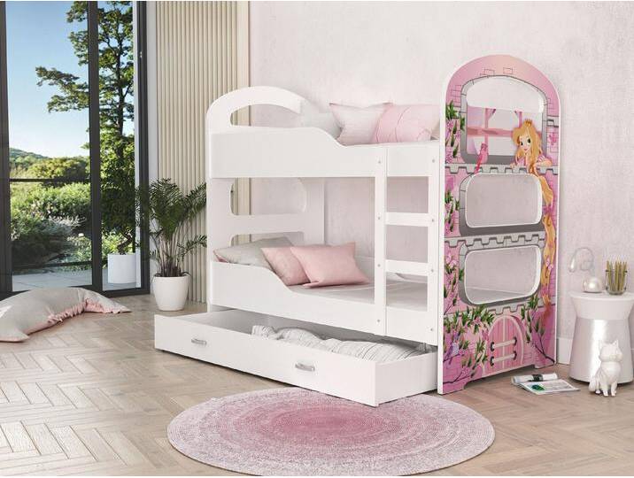 AJKmeble Hochbett 80x160cm und 80x190cm in 4 Farben Bus Prinzessin Rakete Pirat (MADE IN EU - mit Ausiehbett für 3 Kinder, Jungen und Mädchen, Etagenbett Stockbett in vielen Designs und 2 Größen) aus Kiefernholz + Optional mit Matratzen, weiß von OTTO
