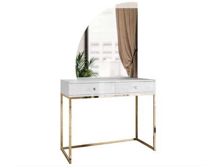 ALLHOUSE24 Schminktisch BUENO MOND Metallgestell Gold Kosmetiktisch Halbmond Spiegel Led, weiß, Spiegel_links; Griffe von OTTO