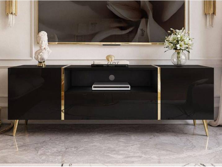 ALLHOUSE24 TV-Schrank DIAMANT GOLD Metall Beine Lowboard TV-Unterschrank BERLIN Breite 158 cm, schwarz, schwarz Hochglanz/schwarz, push-to-open von OTTO