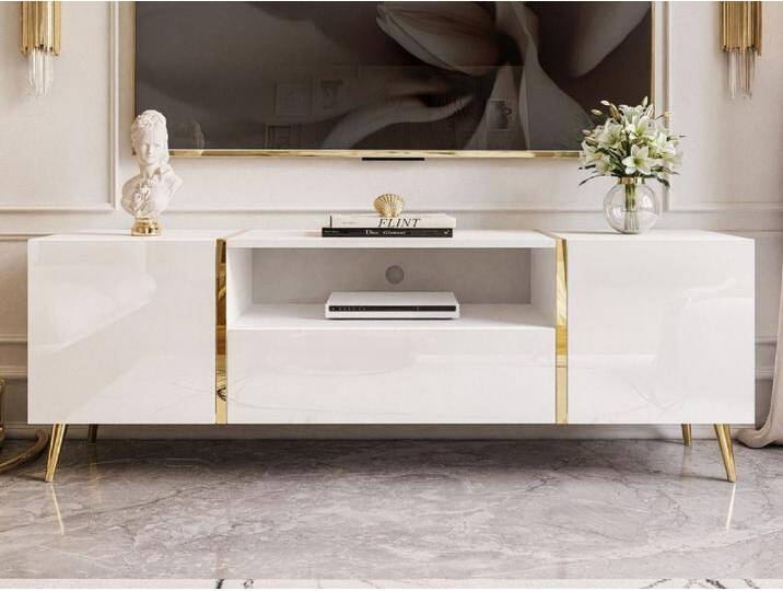 ALLHOUSE24 TV-Schrank DIAMANT GOLD Metall Beine Lowboard TV-Unterschrank BERLIN Breite 158 cm, weiß, weiß Hochglanz/weiß, push-to-open von OTTO