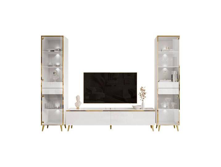 ALLHOUSE24 Wohnzimmer-Set Möbelset PEONY GOLD mit LED weiß Hochglanz Glasvitrine TV Schrank, (1x TV Schrank, 2 x Vitrinen), Fronten in Hochglanz, LED Beleuchtung von OTTO