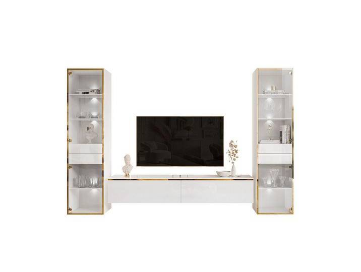 ALLHOUSE24 Wohnzimmer-Set Möbelset PEONY GOLD mit LED weiß Hochglanz Glasvitrine TV Schrank, (1x TV Schrank, 2 x Vitrinen), Fronten in Hochglanz, LED Beleuchtung von OTTO