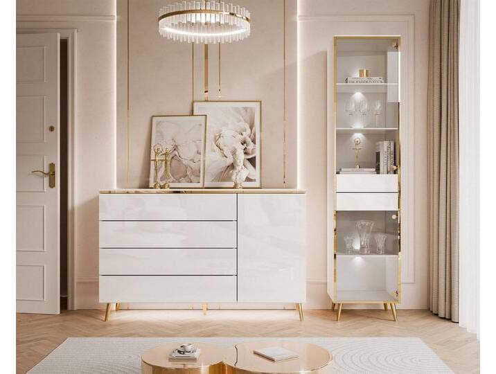 ALLHOUSE24 Wohnzimmer-Set PEONY II weiß Hochglanz/ weiß GOLD LED Beleuchtung Vitrine Kommode, (1x Kommode, 1x Vitrine), LED Beleuchtung, Fronten in Hochglanz von OTTO