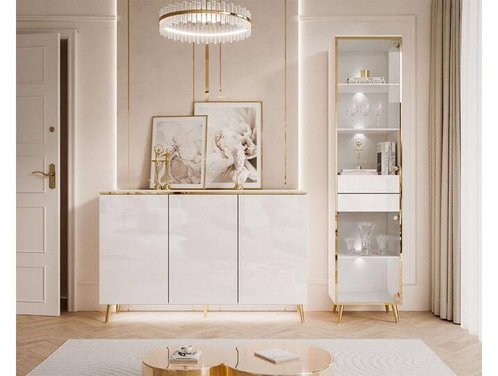 ALLHOUSE24 Wohnzimmer-Set PEONY weiß Hochglanz/ weiß GOLD mit LED Beleuchtung Kommode Vitrine, (1x Kommode, 1x Vitrine), LED Beleuchtung, Fronten in Hochglanz von OTTO