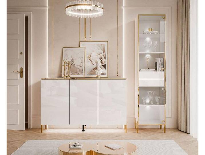 ALLHOUSE24 Wohnzimmer-Set PEONY weiß Hochglanz/ weiß GOLD mit LED Beleuchtung Kommode Vitrine, (1x Kommode, 1x Vitrine), LED Beleuchtung, Fronten in Hochglanz von OTTO