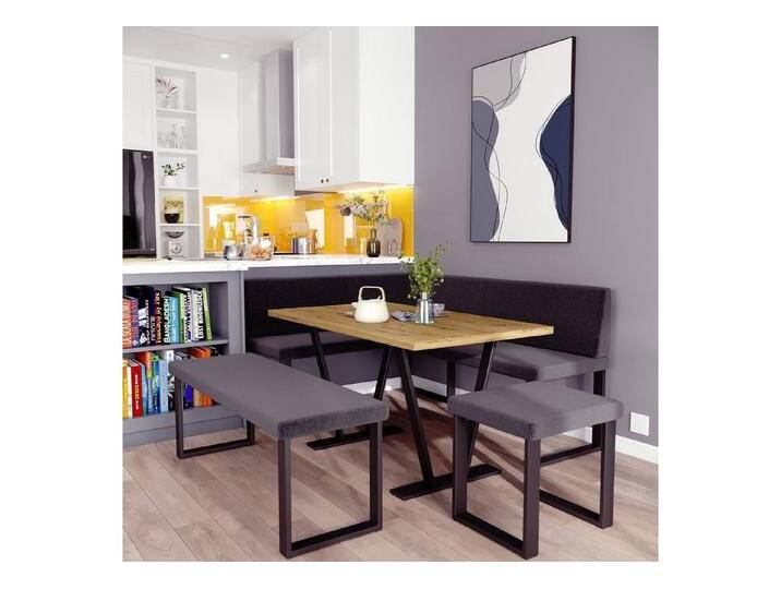 AN-MOEBEL4U Eckbankgruppe Eckbank ALINA Metall Set, (Eckbank mit Tisch, Sitzbank und Hocker), Tischplatte 32 mm, Farbe ARTISAN OAK, pulverbeschichtetes Metallprofil, schwarz, INARI-Stoff von OTTO