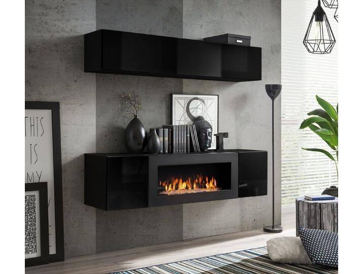 ASM-Moebel Wohnwand Wohnwand FLY N1 Hochglanz Push - Click und Bio-Ethanol Kamin, Bio-Ethanol Kamin, Hochglanz Fronten und Push-Click System, schwarz von OTTO