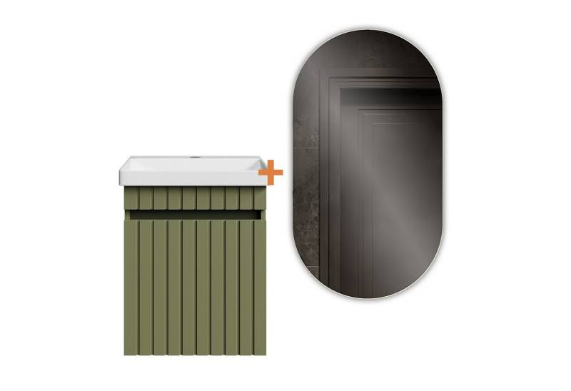 Badmöbel-Set Waschtischunterschrank 50cm mit Tür Mintgrün matt mit LED Spiegel, (Badezimmer Möbel Set, 1-St), Waschtisch mit Waschbecken und Spiegel von OTTO