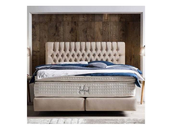 BettCo Boxspringbett Chester (in Beige Samt, 200 x 200 cm), Chesterfield-Design, Acryl-Füße, beige, Mit Naturlatex Topper 7 cm, Beige von OTTO