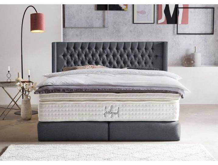 BettCo Boxspringbett Florida (in Anthrazit Webstoff, 200 x 200 cm), Kopfteil mit Ohren, Gleiterfüße, grau, Mit Naturlatex Topper 7 cm, Anthrazit von OTTO