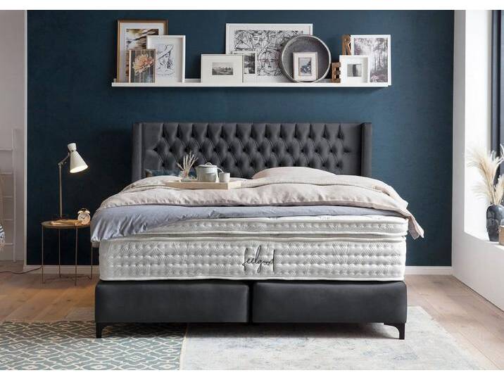BettCo Boxspringbett Florida (in Schwarz Velours, 200 x 200 cm), Kopfteil mit Ohren, Metallfüße, schwarz, Mit Naturlatex Topper 7 cm, Schwarz von OTTO