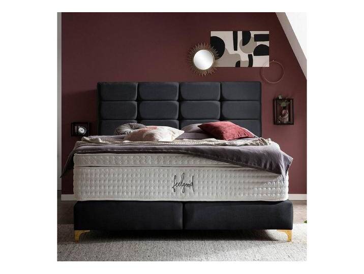 BettCo Boxspringbett Kansas (200 x 200 cm, in Schwarz Samt), Kachel-Design, Füße Gold-Optik, schwarz, Mit Naturlatex Topper 7 cm, Schwarz von OTTO