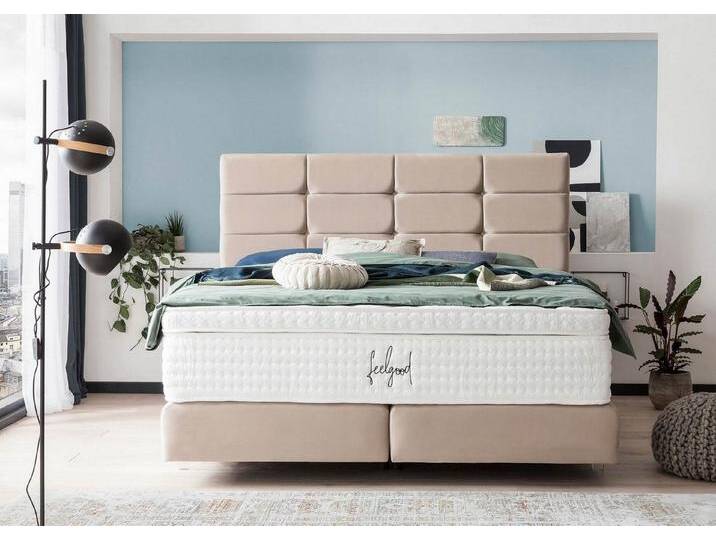 BettCo Boxspringbett Kansas (in Creme Velours, 200 x 200 cm), Kachel-Design, Acryl-Füße, beige, Mit Naturlatex Topper 7 cm, Creme von OTTO