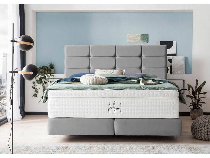 BettCo Boxspringbett Kansas (in Grau Velours, 200 x 200 cm), Kachel-Design, Acryl-Füße, grau, Mit Naturlatex Topper 7 cm, Grau von OTTO