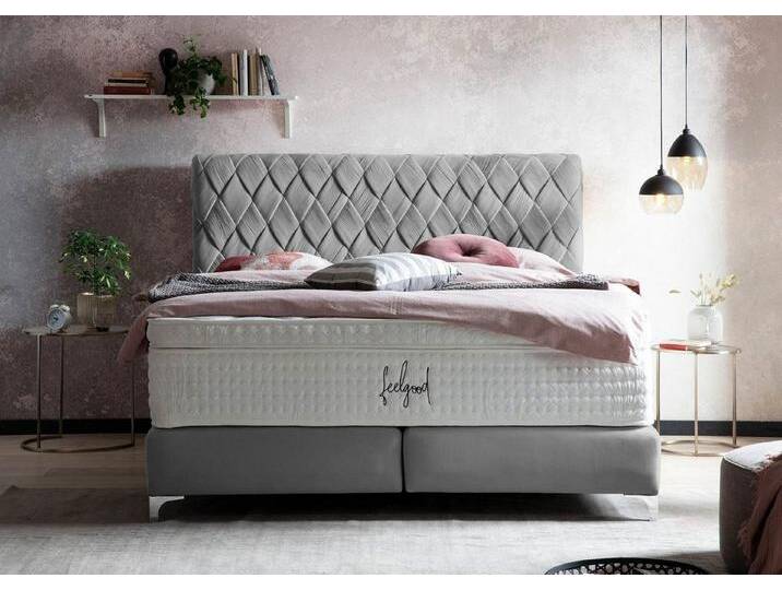BettCo Boxspringbett Lyon (180 x 200 cm), handgeflochten, Füße Chrom-Optik, grau, Mit Naturlatex Topper 7 cm, Grau von OTTO