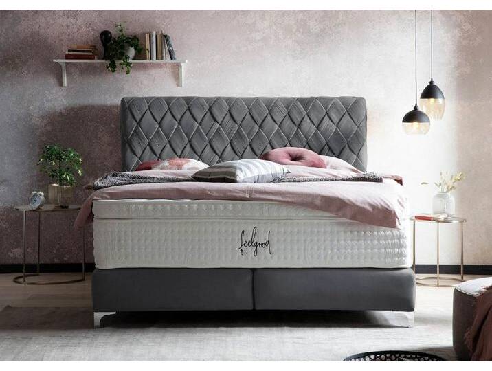 BettCo Boxspringbett Lyon (200 x 200 cm), handgeflochten, Füße Chrom-Optik, grau, Mit Visco/Kaltschaumtopper 8 cm, Dunkelgrau von OTTO