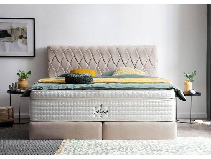 BettCo Boxspringbett Lyon (in Beige Webstoff, 180 x 200 cm), handgeflochten, Gleiterfüße, beige, Mit Naturlatex Topper 7 cm, Beige von OTTO