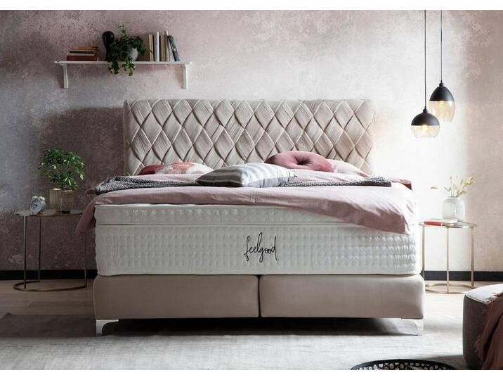 BettCo Boxspringbett Lyon (in Creme Velours, 140 x 200 cm), handgeflochten, Füße Chrom-Optik, beige, Mit Visco/Kaltschaumtopper 8 cm, Creme von OTTO