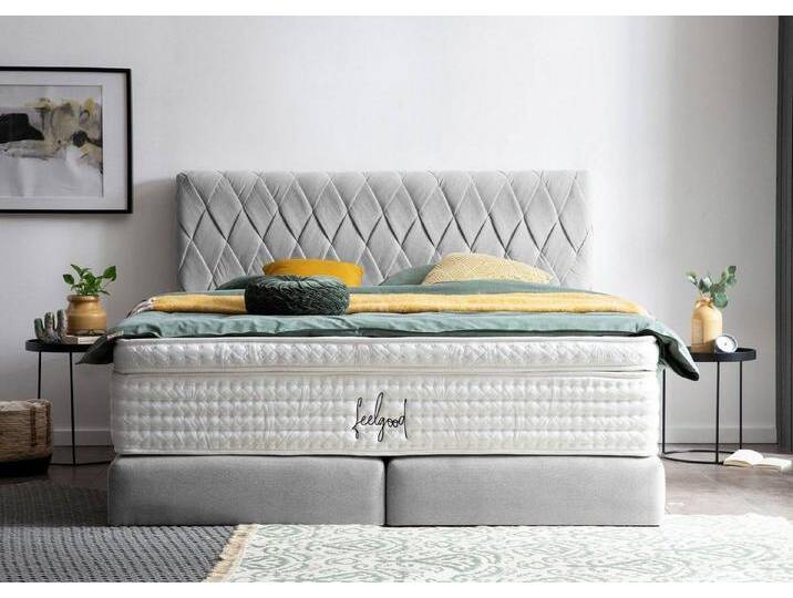 BettCo Boxspringbett Lyon (in Hellgrau Webstoff, 200 x 200 cm), handgeflochten, Gleiterfüße, grau, Mit Naturlatex Topper 7 cm, Hellgrau von OTTO