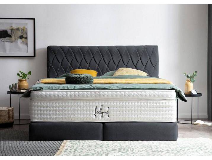 BettCo Boxspringbett Lyon (in Schwarz Webstoff, 160 x 200 cm), handgeflochten, Gleiterfüße, schwarz, Mit Naturlatex Topper 7 cm, Schwarz von OTTO