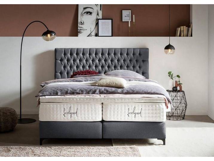 BettCo Boxspringbett Vegas (in Anthrazit Webstoff, 7-St., 200 x 200 cm), Chesterfield Design, Metallfüße, grau, Mit Visco/Kaltschaumtopper 8 cm von OTTO