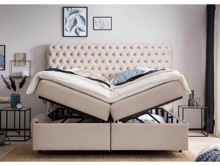 BettCo Stauraumbett Boxspringbett mit Bettkasten Valencia (in Creme Velours, 200 x 200 cm), Chesterfield Design, Schwebeoptik Füße, beige, Ohne Topper von OTTO