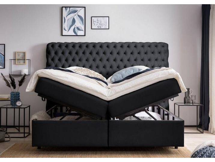 BettCo Stauraumbett Boxspringbett mit Bettkasten Valencia (in Schwarz Velours, 200 x 200 cm), Chesterfield Design, Schwebeoptik Füße, schwarz von OTTO