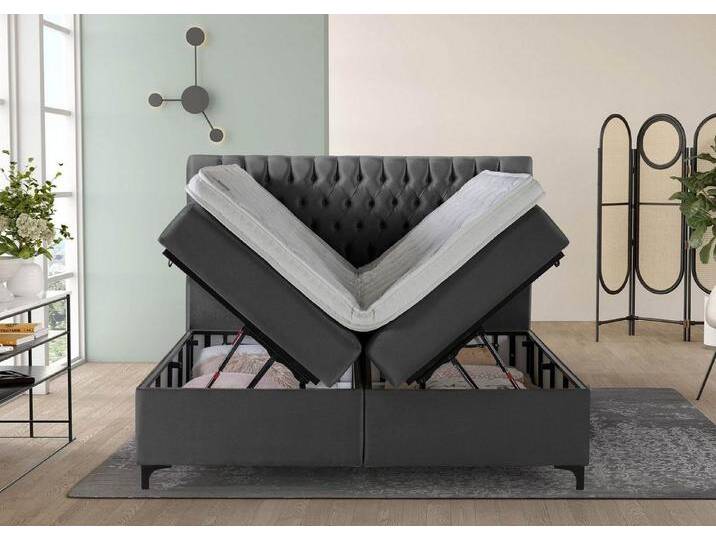 BettCo Stauraumbett Boxspringbett mit Bettkasten Vegas (in Samt Dunkelgrau, 140 x 200 cm), Chesterfield Design, Metallfüße, grau von OTTO