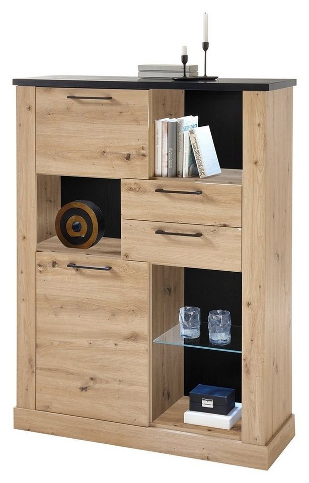 Highboard MOREL, Braun, Schwarz, B 110 cm, T 38 cm, mit 2 Türen 2 Schubladen und 4 offenen Fächern von OTTO