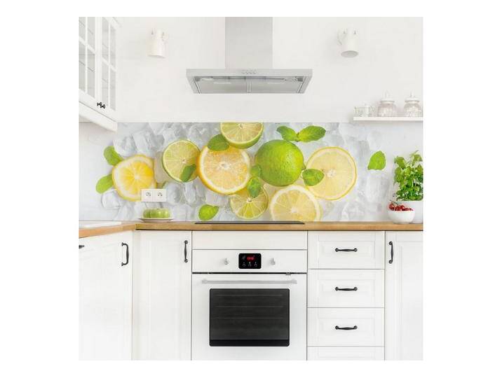 Bilderdepot24 Küchenrückwand weiß dekor Obst Zitrusfrüchte auf Eiswürfel Wandverkleidung Küche, (1-tlg., Nischenrückwand - für Fliesenspiegel ohne Bohren - matt), Spritzschutz Rückwand Küche Herd - Folie selbstklebend versch. Größen, weiß von OTTO