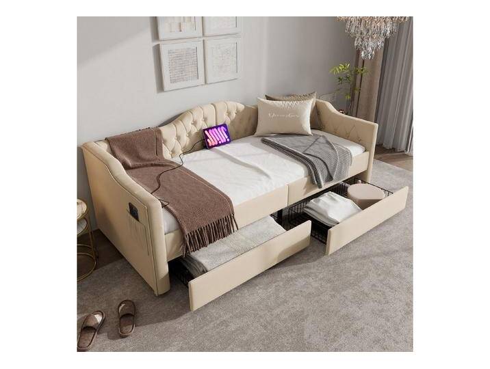 BlingBin Einzelbett Polsterbett Daybett Schlafsofa Stauraumbetten (1-tlg., 90×190/200cm, USB Type C Ladefunktion), Linen Schlafsofa Daybett mit 2 Schubladen von OTTO