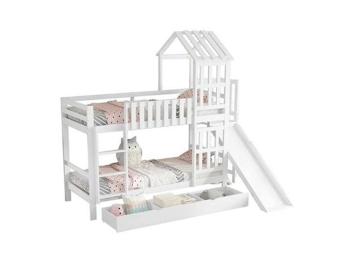 BlingBin Etagenbett Kinderbett Stauraumbett Einzelbett Hochbett Massivholzbett Jugendbett (Holzbett mit Kinder-Spaßrutsche und Große Schublade(Mit Rollen), Kiefer + MDF + Sperrholz, 1-St., 90x200cm, Ohne Matratze, Belastbarkeit maximal: 120KG), Etagenbett mit Exquisites Dach und Fenster für Kinderzimmer von OTTO