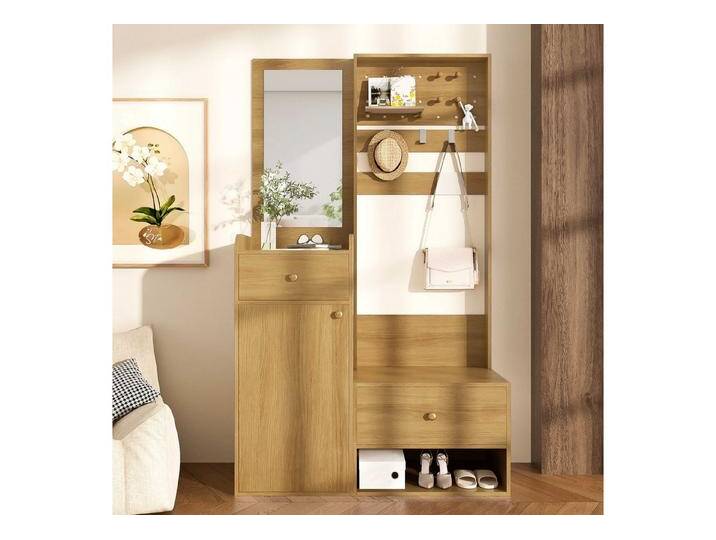 BlingBin Garderoben-Set Garderobenkombination, (1-St., Eingangsregal mit Spiegel, 2 Schubladen Holzoptik, 105×38×180 cm), Perforationsbrett mit abnehmbaren Haken und Schuhablage von OTTO