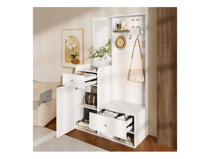 BlingBin Garderoben-Set Garderobenkombination, (1-St., Eingangsregal mit Spiegel, 2 Schubladen Holzoptik, 105×38×180 cm), Perforationsbrett mit abnehmbaren Haken und Schuhablage von OTTO