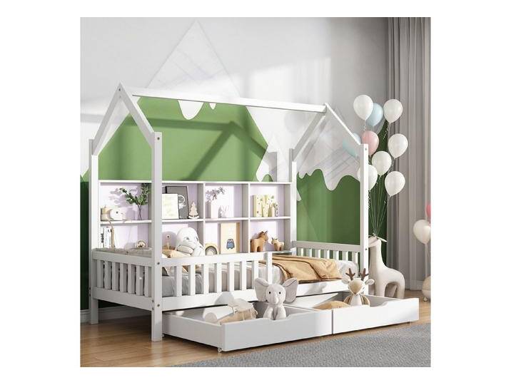 BlingBin Kinderbett Hausbett Stauraumbett Jugendbett Massivholzbett Einzelbett (Bettgestell mit Mehrzweck-Bücherregal-Speichergitter-Kabinett Ablageregal und 2 Großen Schubladen, 1-tlg., 90x200cm, Ohne Matratze, Belastbarkeit maximal: 120KG), Holzbett mit Kaminform für Kinderzimmer, Kiefer von OTTO
