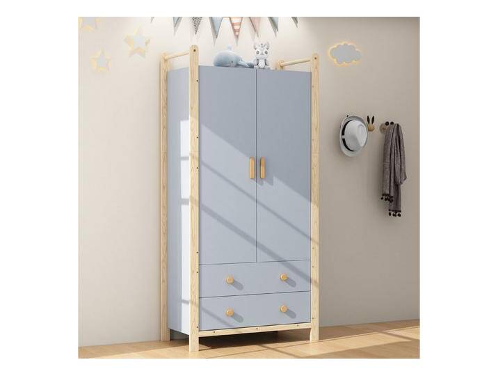 BlingBin Kleiderschrank Garderobenschrank Wäscheschrank Drehtürenschrank mit Kleiderstange (2-türiger Aufbewahrungsschrank mit 2 Schubladen, Schlafzimmerschrank - Blauer Körper + Kieferrahmen, 1-St., Maße: 89,6 x 44 x 180,5 cm, SchubladenTragfähigkeit: 15 kg/Stück) Eckkleiderschrank aus Spanplatte für Schlafzimmer von OTTO