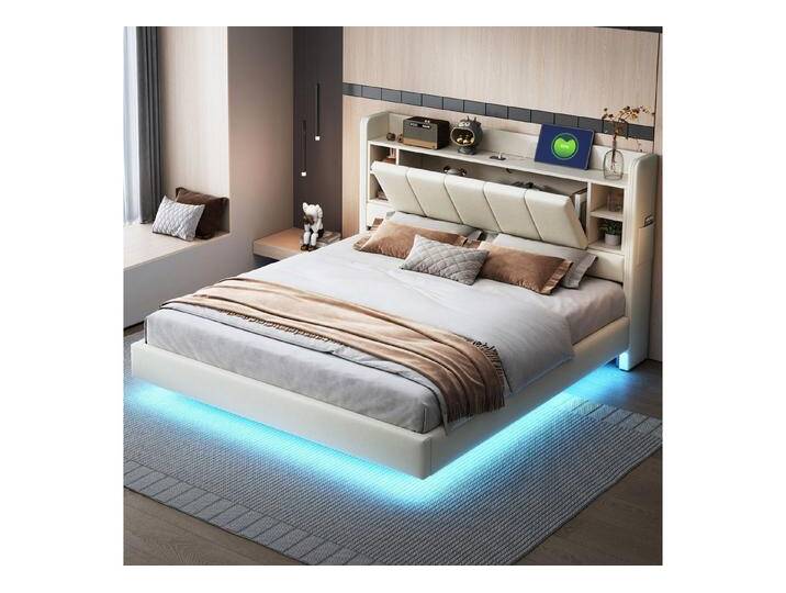 BlingBin Polsterbett 140/160 x 200 cm Doppelbett Stauraum-Kopfteil Funktionsbett (Stauraumbett, 1-tlg., Wendbares Kopfteil mit Ablagefächern), Mit USB-Steckdose und Lichtleiste, Stabiler Metallrahmen von OTTO