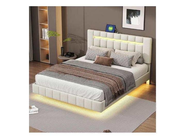 BlingBin Polsterbett Doppelbett, Bett Schwebebettrahmen mit LED-Leuchten und Kopfteildesign (1er Set, 1-tlg., Polsterbett 160 x 200 cm), Gästebett in hautfreundlichem Leinen, Ohne Matratze von OTTO