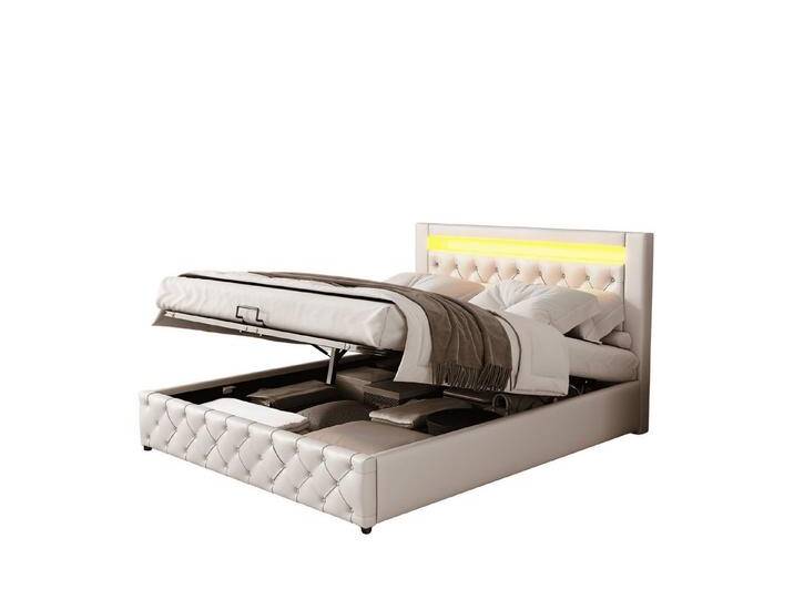 BlingBin Polsterbett Doppelbett Funktionsbett mit Lattenrost, Stauraum und LED-Beleuchtung (1er Set, 1-tlg., 140*200 cm, Ohne Matratze, Belastbarkeit maximal: 220 KG), Hochklappbaren Lattenrosts, Klassische Stil, PU, Weiß von OTTO